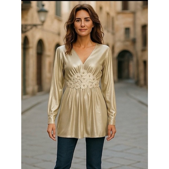 Beige by eci Tops - BEIGE bY eci Rhinestones V-Neck Long Sleeve Metallic Beige Blouse